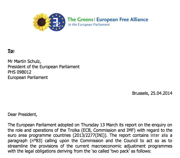 Letter to President Schulz - Follow-up on the Troïka report - 25.04.2014